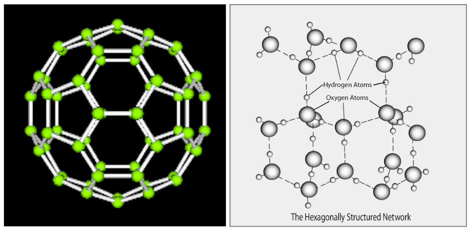 The spherical shape shown is formed with 32 molecules of water, resulting in a truncated structure.